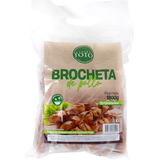 [057157] Brochetas De Pollo Con Trozos De Contramuslo Y Con Tocino En Tiras Ahumados Toto10 unidades 1800Gr