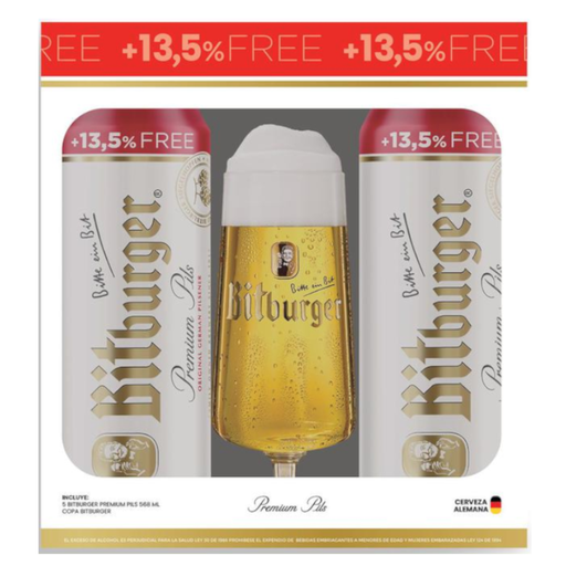 [057779] Cerveza  Bitburger Lager 5 Unidades 568Ml + 1 Copa