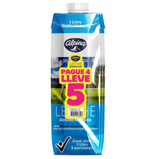[057870] Leche UHT Alpina Deslactosada Tetrapack 1000Ml Pague 4 LLeve 5
