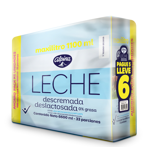 [057901] Leche UHT Alpina Deslactosada Descremada 0% Grasa 1100Ml Pague  5 LLeve 6