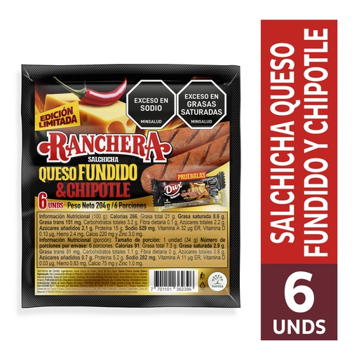 [057943] Salchicha Ranchera Queso Fundido Y Chipotle 6 Unidades 204Gr
