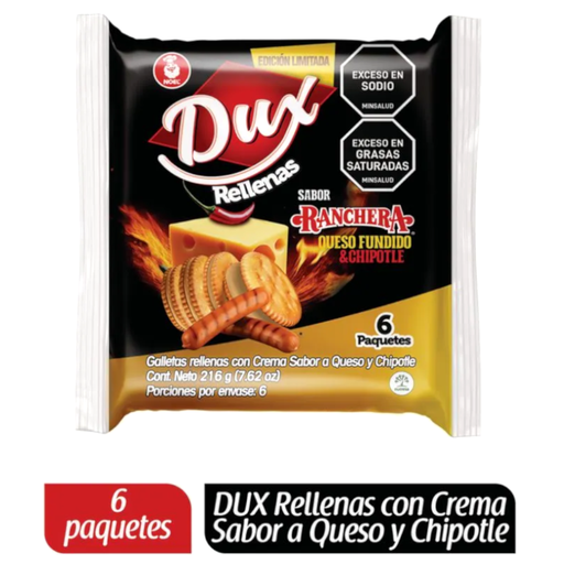 [058001] Galletas Dux Rellenas Sabor Ranchera Queso Fundido Y Chipotle 6 Paquetes 216Gr
