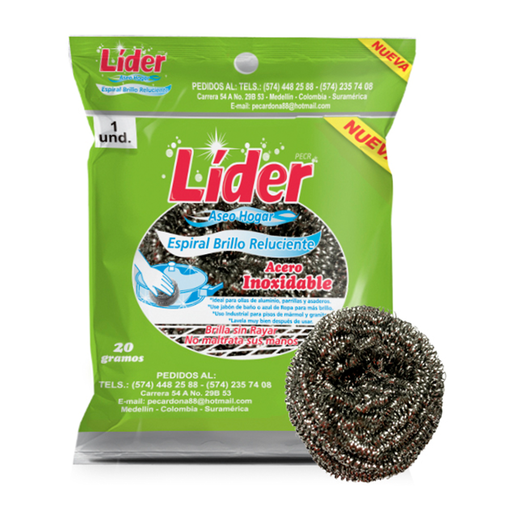 [059024] Esponja Lider Espiral Brillo Acero Inoxidable 1 Unidad 20Gr