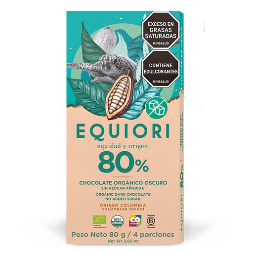 [059059] Barra Chocolate Orgánico Oscuro Sin Azúcar 80%  Equiori  80Gr