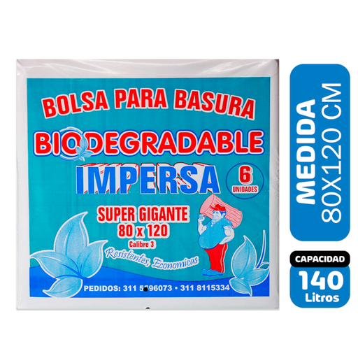 [059156] Bolsa Basura Impersa  Biodegradable Super Gigante 80x120cm 6 Unidades