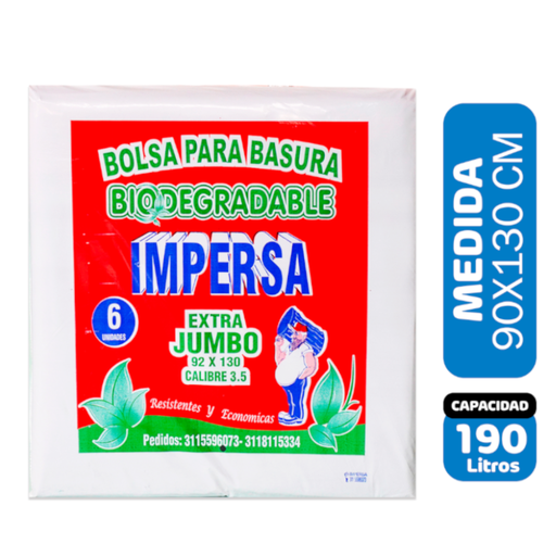 [059157] Bolsa Basura Impersa  Biodegradable Extra Jumbo 92x130cm 6 Unidades