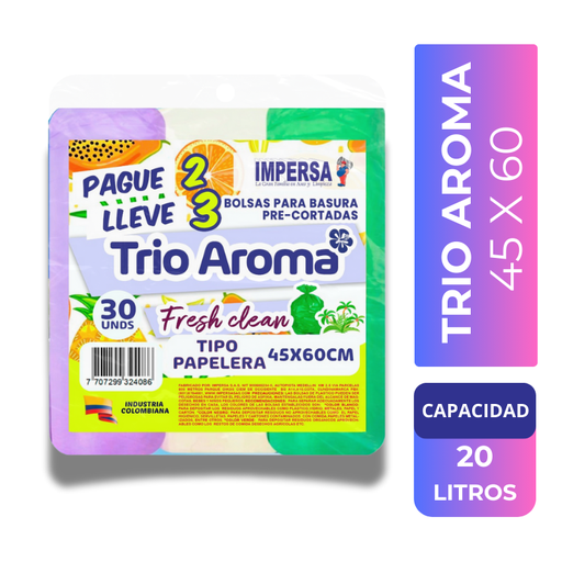 [059129] Bolsa Basura Impersa 45x60cm Trio Aroma 30 Unidades Pague 2 LLeve 3