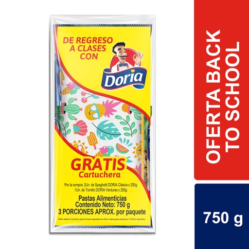 [059734] Spaghetti Doria 250Gr 2 Unidades  + Tornillos Doria Verduras 250Gr Gratis Cartuchera