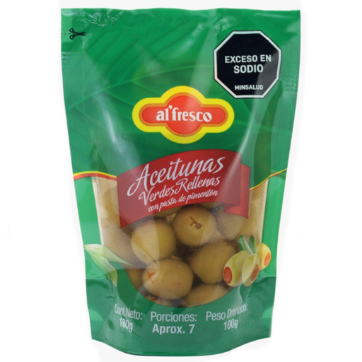 [059967] Aceitunas Verdes Rellenas Con Pasta De Pimentón Alfresco Bolsa 180Gr