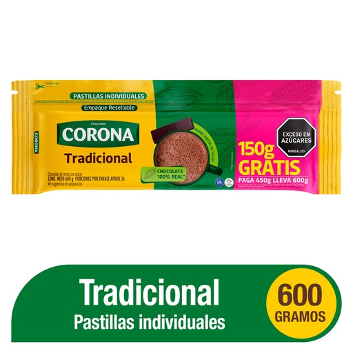 [060637] Chocolate Corona Tradicional Pague 450Gr Lleve 600Gr
